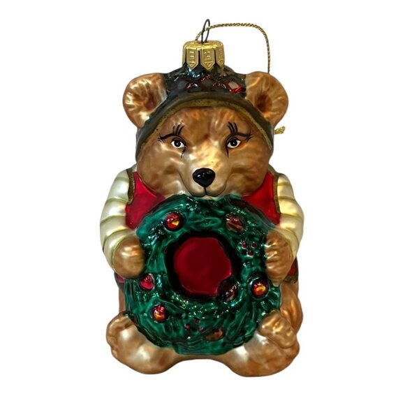 NEW Fitz & Floyd Glass Bear w/ Wreath Christmas Classics Lodge Ornament - Picture 7 of 14